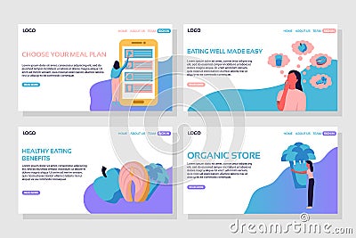 Woman choosing meal plan on giant phone, woman thinking about food, apple, fish and broccoli, woman hugging broccoli web page. Vector Illustration