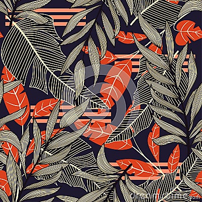 Abstract trend seamless pattern with bright tropical leaves and plants. Vector design. Jungle print. Floral background. Printing a Vector Illustration