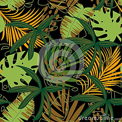 Abstract trend seamless pattern with bright tropical leaves and plants. Vector design. Jungle print. Floral background. Printing a Vector Illustration