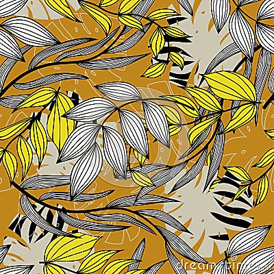 Abstract trend seamless pattern with bright tropical leaves and plants. Vector design. Jungle print. Floral background. Printing a Vector Illustration