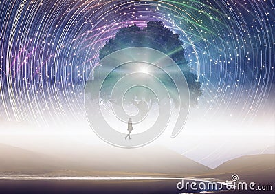 Tree of knowledge, girl silhouette, cosmos, spinning stars sky Vector Illustration