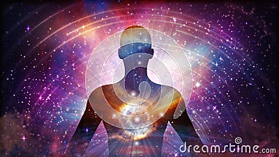 Man universe, meditation, healing, human body energy beams Stock Photo