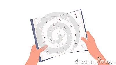 Person holding a book and can`t read because of dyslexia. Dyslexia concept. A book in hands. Flat vector illustration. Vector Illustration