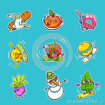 Snowboard doodles, snowman, donut. Fruit doddles. Winter sport characters. Snowboard, ski, snowman stickers. Vector Illustration