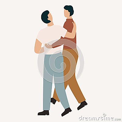 LGBT couple or friends are hugging and watching at each other while walking. Two people hugging. Homosexual relationship. Vector Illustration