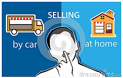 People and choices between selling by car or shop. Flat vector illustration. Vector Illustration