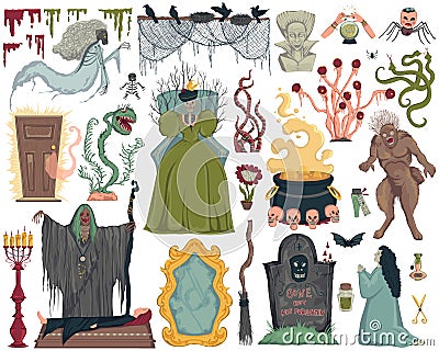 Halloween design elements set. Scary characters, ghosts, grave, witch, old mirror, potions, monsters and plants. Isolated objects Vector Illustration