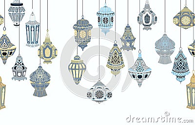 Seamless border with hanging Arabic lanterns. Collection of traditional oriental lamps with national floral ornament. Isolated obj Vector Illustration