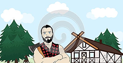 Webhipster or lumber man on scandinavian style house and green wild spruce background vector banner Vector Illustration