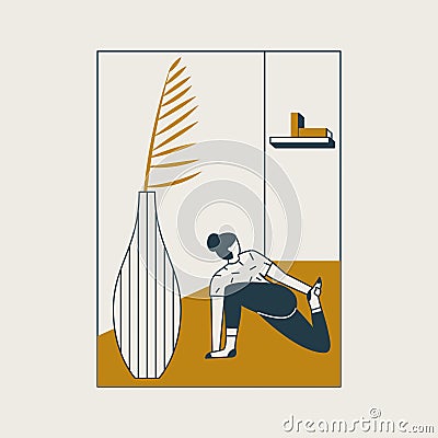 Young woman sitting in yoga posture and meditating. Girl doing aerobics exercise and meditation at home. Vector Illustration