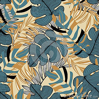 Modern seamless pattern with tropical plants. Fashionable texture design, textile, fabric, printing. Original plants. Tropical lea Vector Illustration