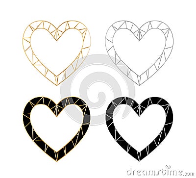 Set of 4 polygonal gradient heart frames. Silver and gold poly elements Vector Illustration