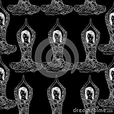 Seamless pattern girl in stylized meditation pose Cartoon Illustration
