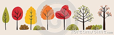 Set of vector illustration of autumn trees and bushes. Bundle of colorful trees with orange, green and red leaves Vector Illustration