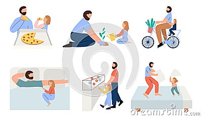 Set of cute pair of father and daughter spending time together. Flat vector illustration. Vector Illustration