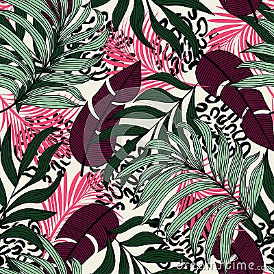 Jungle leaf seamless vector floral pattern background. Trendy summer Hawaii print. Vector design. Jungle print. Floral Stock Photo