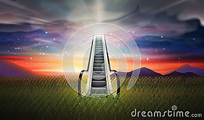 Escalator up to sky, stairs to sky Soul journey, Bright light from heaven, Way, path to God Stock Photo