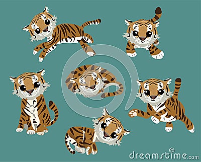 Various cartoon tiger set. Cute cubs. Vector illustration for a great postcard. Sweet animals collection. Cartoon Illustration