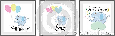 Cute elephant Set of posters for nursery baby room decoration Childish style Perfect for fabric print logo sign cards banners Kids Vector Illustration