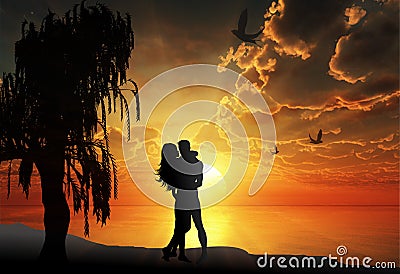 Lovers silhouette at sunset, orange sky, nature landscape Vector Illustration