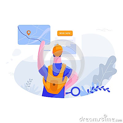 Young man planning vacation trip and searching information. Vector Illustration