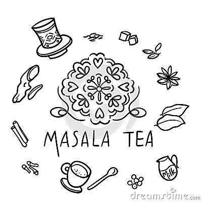 Vector illustration of masala milk tea cup and spices. Vector Illustration