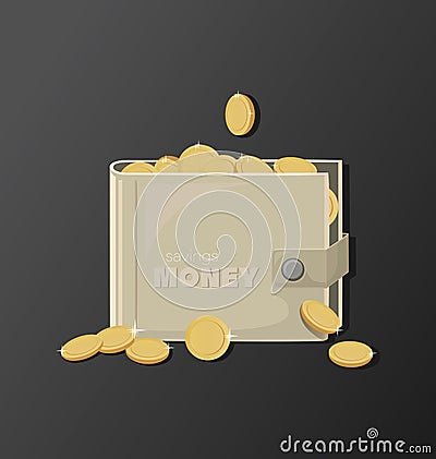 Wallet, money. Purse. Golden coins. Icon. Vector Illustration