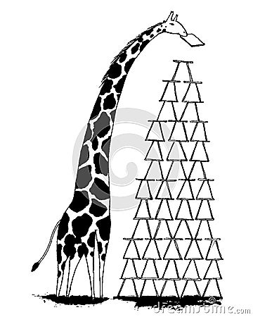 Giraffe builds a tall tower. Vector Illustration