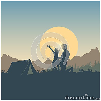 Spring travel. Silhouette of people dad and son, mountains, hills and forest on the sun and sky background. Wanderlust and camping Vector Illustration