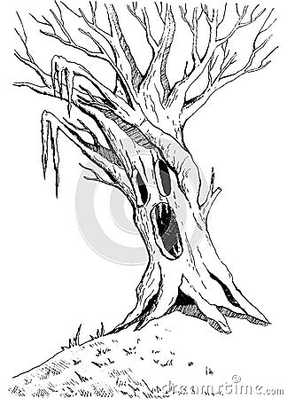 Angry enchanted tree with scary face. Halloween monsters spooky haunted tree. Vector Illustration