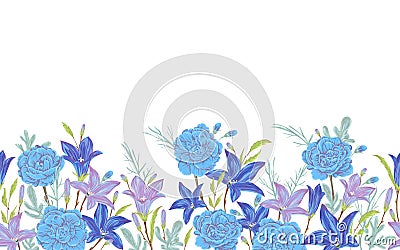 Seamless border with bluebells, geranium flowers, sagebrush leaves and buds. Isolated elements. Collection decorative floral desig Vector Illustration