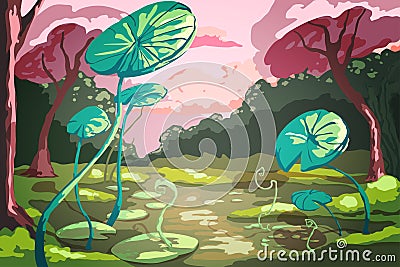 Summer landscape with giant green lotus leaves in the pond. Sunset scenery with beautiful pink trees. Vector Illustration