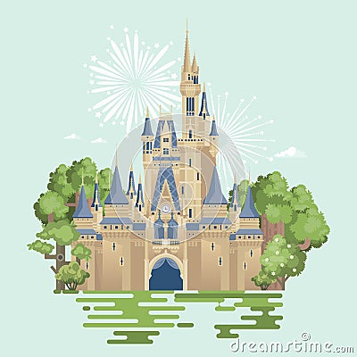 Princess castle from a fairy tale with many beautiful towers in flat style Vector Illustration