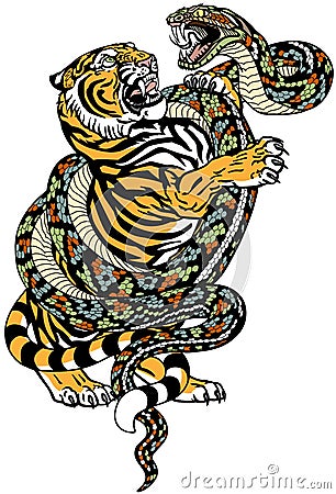 tiger versus snake tattoo Vector Illustration