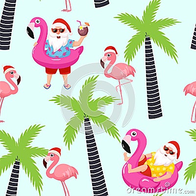 Christmas tropical pattern with Santa Claus and flamingo. Vector seamless texture. Stock Photo