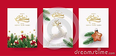 Set of Christmas and New Year greeting cards with xmas decoration Vector Illustration