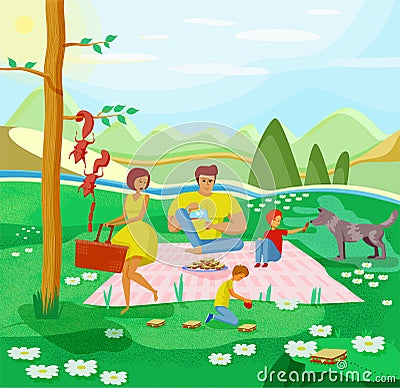 Happy family on a picnic. Father, Mother and two sons. Wild animals stealing food. Vector Illustration