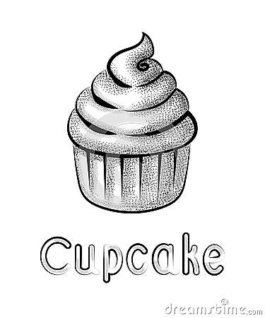 Image of cupcake with cream using pointillism technique. Vector Illustration