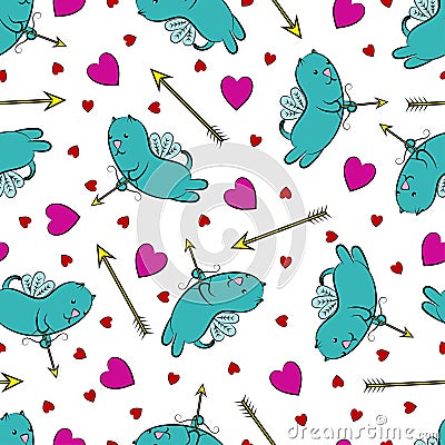 Hearts, arrows and winged cats. Valentine`s day background. Vector Illustration