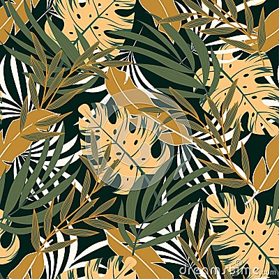 Abstract seamless tropical pattern with colorful plants and leaves. Jungle leaf seamless vector floral pattern background. Vector Illustration