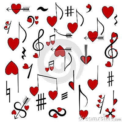 Hearts and music notes. Set of elements for Valentine`s Day. Vector Illustration