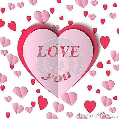 Paper heart on flying hearts background, pink folded paper hearts on white, Valentine`s day vector background Cartoon Illustration