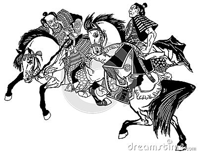 Two samurai horsemen black and white Vector Illustration
