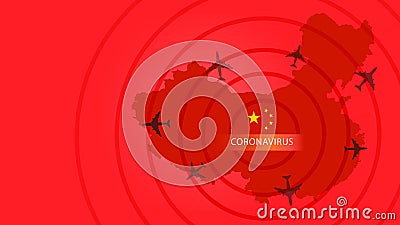 Coronavirus, China map, flight icon with alert warning icon. Stock Photo