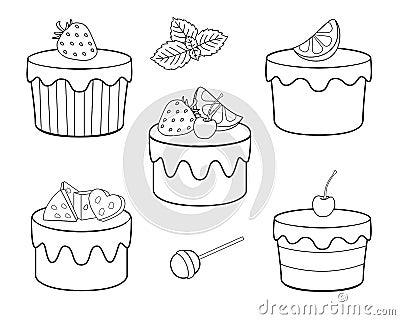 A set of sweets for coloring. Vector cupcakes, fruit cakes and sweets. Cakes with cream and icing, lemon, strawberries cherries an Vector Illustration