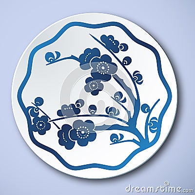 Chinese Traditional Blue And White Porcelain, Wintersweet Stock Photo