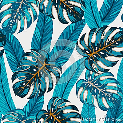 Summer seamless tropical pattern with bright leaves and plants on a colorful background. Seamless pattern with colorful leaves Vector Illustration