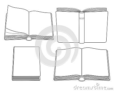 Books. Set of four different books - linear vector pictures for coloring. Outline. The set contains open and closed books Vector Illustration