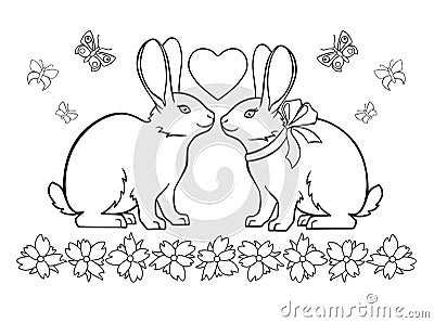 A pair of loving rabbits surrounded by flowers and butterflies - vector linear picture for coloring. Outline. Vector Illustration