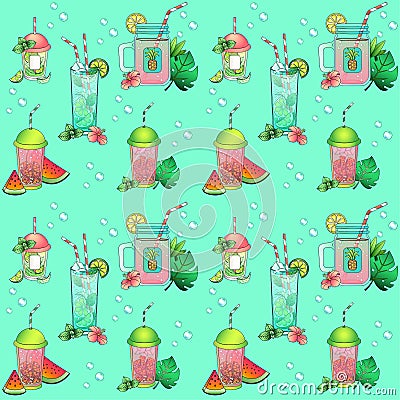 Seamless pattern - glasses with drinks on a turquoise background. Vector seamless pattern with summer drinks, leaves, fruits and b Vector Illustration